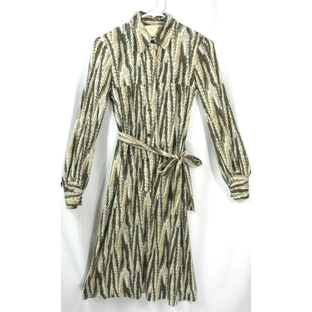 Vintage Swirl Zig Zag Belted Jersey Shirtwaist Midi Dress S XS 1970s Italy